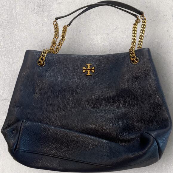 Tory Burch Pebbled Leather Tote Black Gold Chain Shoulder Bag Quiet Luxury - Picture 4 of 8